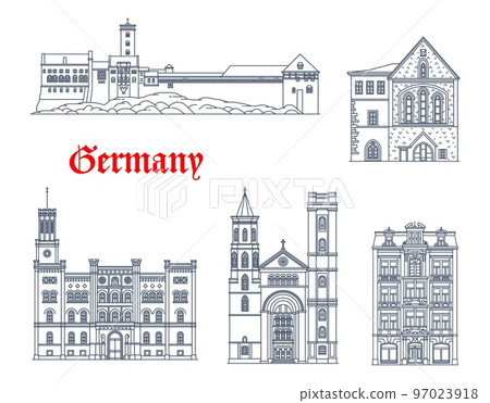 Germany, Zittau, Eisenach Wartburg buildings, vector architecture. German Saxony and Thuringia travel landmarks of Noacksches Haus palace, castle, Predigerkirche and Johanneskirche Church of St John Germany, Zittau, Eisenach Wartburg buildings, vector architecture. German Saxony and Thuringia travel landmarks of Noacksches Haus palace, castle, Predigerkirche and Johanneskirche Church of St John 97023918