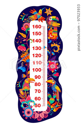 Kids height chart. Mexican toucan birds, hummingbirds and flowers growth measure meter with vector centimeter scale. Mexico floral ornaments, cactuses, stars and feathers, cartoon stadiometer 97023933