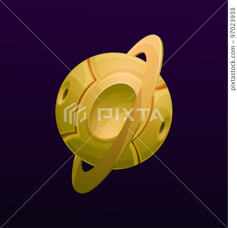 Metal cyber planet with ring. Aliens space base, cartoon vector futuristic spaceship or artificial planet with gold color metal surface, holes on poles and ring on orbit. Game UI space robotic world Metal cyber planet with ring. Aliens space base, cartoon vector futuristic spaceship or artificial planet with gold color metal surface, holes on poles and ring on orbit. Game UI space robotic world 97023938