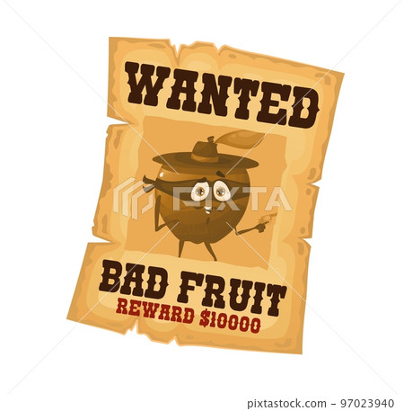 Western wanted poster with fruit robber, Wild West bandit placard, cartoon vector. Wanted dead or alive reward poster with funny apple or ranger fruit in western bandit mask, cowboy hat with gun 97023940