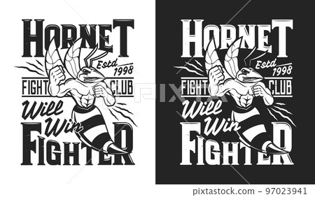 Angry hornet mascot, fighting club t-shirt print, martial arts fight and sport team vector emblem. Strong aggressive muscle hornet wasp with sting, badge for sport fight club mascot 97023941