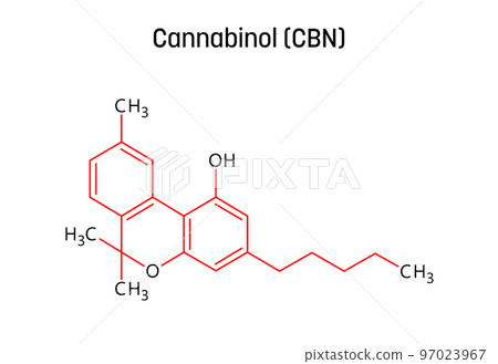 Cannabinol, or CBN, molecular structure. Cannabinol is mildly psychoactive cannabinoid extracted from cannabis. Vector structural formula of chemical compound with red bonds and black atom labels. Cannabinol, or CBN, molecular structure. Cannabinol is mildly psychoactive cannabinoid extracted from cannabis. Vector structural formula of chemical compound with red bonds and black atom labels. 97023967