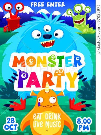 Cartoon monster party flyer. Funny monster characters. Vector promo poster, invite card for event, holiday invitation placard with cute fairy tale beasts, fluffy yeti, snail or crab alien personages Cartoon monster party flyer. Funny monster characters. Vector promo poster, invite card for event, holiday invitation placard with cute fairy tale beasts, fluffy yeti, snail or crab alien personages 97023973