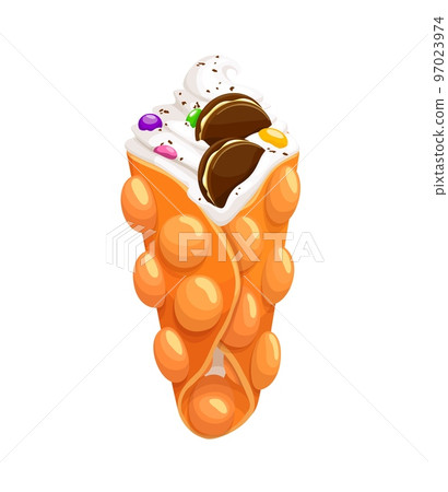 Cartoon Hong Kong bubble waffle. Isolated vector ice cream with colorful sprinkles and chocolate cookie. Delicious icecream in crispy pimpled wafer cup, sweet food, tasty street food dessert 97023974