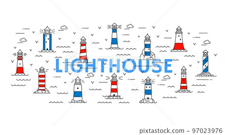 Line sea lighthouses and beacons. Sea travel, sailing safe navigation outline vector background, marine and nautical thin line icons or pictograms with ocean waves and lighthouse on rock 97023976