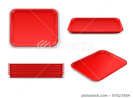 Red plastic tray mockup for lunch food. Isolated rectangle realistic plastic salver. Fast food restaurant, kitchen or canteen cooking and meal serving 3d vector dishware, utensil or kitchenware 97023984