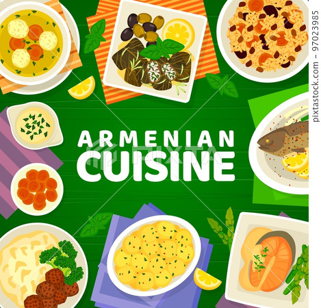 Armenian cuisine menu cover, restaurant food dishes for lunch and dinner, vector. Armenian cuisine meals menu with rice pilaf and dolma, meatball soup kololikgata and potato baked with cream 97023985