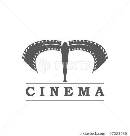 Cinema icon, movie film or cinematograph studio vector emblem with man and filmstrip wings. Cinema production studio or movie theater symbol for cinematography or television channel 97023986