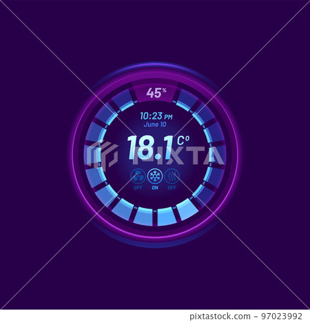 Smart thermostat temperature control dial. Temperature regulator screen, house conditioning and heating system digital interface indicator, climate control equipment app vector icon, meter or bar Smart thermostat temperature control dial. Temperature regulator screen, house conditioning and heating system digital interface indicator, climate control equipment app vector icon, meter or bar 97023992