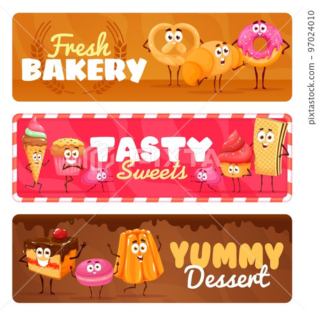 Cartoon sweets, bakery and desserts characters. Vector banners with ice cream, pretzel and croissant, meringue, macaroon, waffle, pie with baba. Bake house or cafe patisserie, sweet baked pastry food 97024010