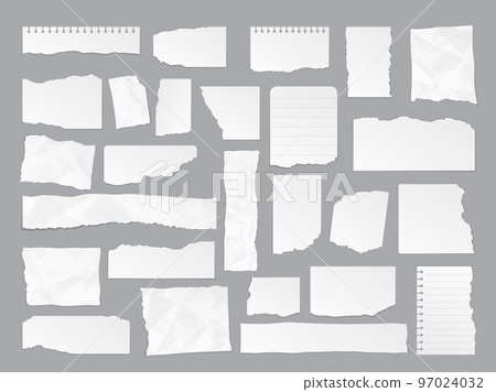 White torn paper note rips, sheet edges and page scraps, vector notebook pieces. White torn paper and blank page pieces, square message note or notepad strips and scrapbook shreds 97024032