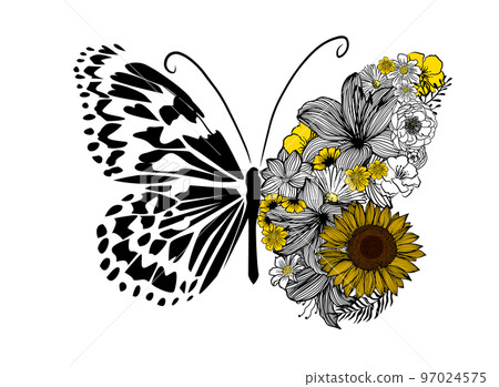 Butterfly with flower wings. Abstract beautiful butterfly for t-shirt print. Vector illustration Butterfly with flower wings. Abstract beautiful butterfly for t-shirt print. Vector illustration 97024575