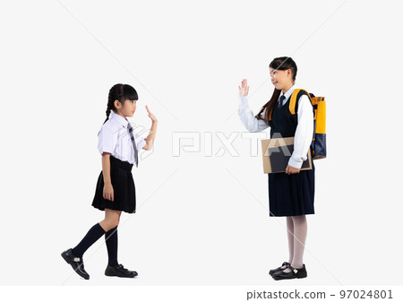 Asian kids in school uniform posing on white background full length. 97024801