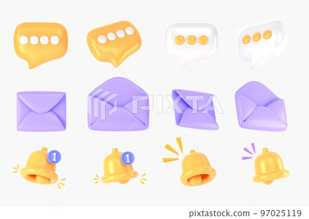 Set of speech bubbles, paper envelopes and bells 3d render. Cartoon social media icons, message bubbles, email letter, notification and reminders isolated elements. News, sms, notice Set of speech bubbles, paper envelopes and bells 3d render. Cartoon social media icons, message bubbles, email letter, notification and reminders isolated elements. News, sms, notice 97025119