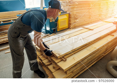 Work at sawmill on summer day. Timber harvesting for construction. Carpenter stacks boards 97026000