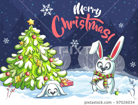 Merry Christmas with two funny cartoon rabbits Merry Christmas with two funny cartoon rabbits 97026034