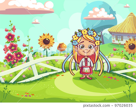 Vector background cute illustration image Ukrainian village 97026035