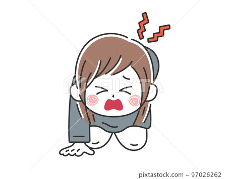 Illustration of a business woman who cannot stand up due to back pain 97026262