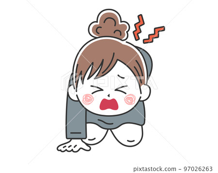 Illustration of a business woman with her hair tied up who can't stand up due to back pain 97026263