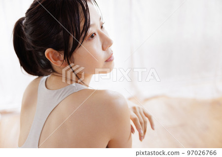 woman exercising and sweating woman exercising and sweating 97026766