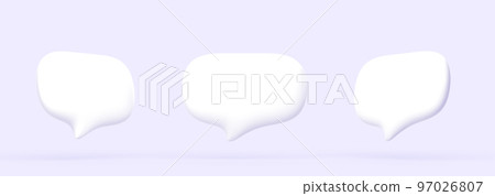 3D White speech bubbles, chat icons for text, message, dialog 3d render. Blank notification icons, empty talk boxes for conversation, comments, quotes isolated on purple background 97026807