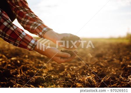 Hand of expert farmer collect soil and checking soil health before growth a seed of vegetable. Hand of expert farmer collect soil and checking soil health before growth a seed of vegetable. 97026931