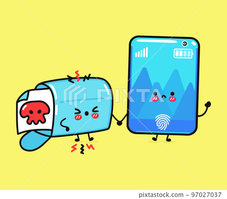 Cute, funny angry smartphone and mailbox with scull sign. Vector hand drawn cartoon kawaii characters, illustration icon. Funny cartoon smartphone and message mascot character concept 97027037