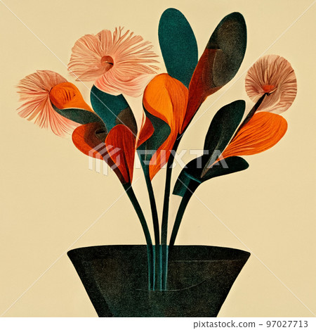 Vase with spring multicolor flowers bouquet in minimalist vintage style. 97027713