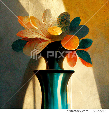 Orange flowers bouquet in teal ceramic vase in sunlight. 97027716
