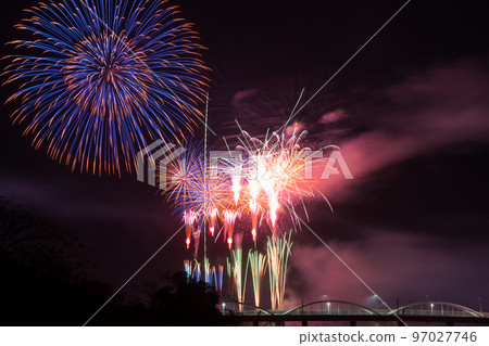 Colorful fireworks with the bridge in the background 97027746