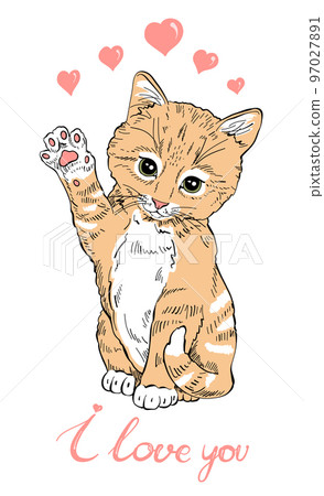 A cute and fluffy kitten sits and waves a paw with the text I love you 97027891