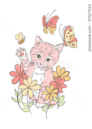 Cute and funny kitten silhouette looking curiously sitting in flowers playing Cute and funny kitten silhouette looking curiously sitting in flowers playing 97027914