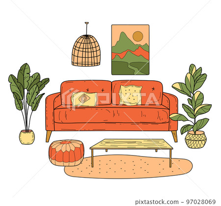Scandinavian furniture Interior elements Boho style. Cozy home environment for the living room. Hand-drawn doodle style elements. Vector illustration 97028069
