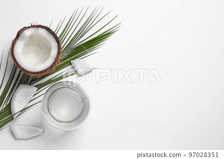 Composition with coconut oil on white background, top view Composition with coconut oil on white background, top view 97028351