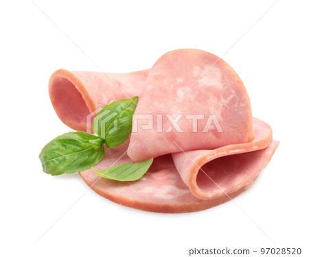 Tasty ham with basil isolated on white 97028520