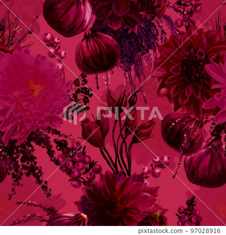 viva magenta seamless pattern. trendy color 2023. red flowers, berries and figs. 97028916