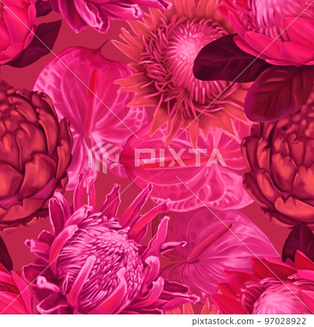 Protea seamless pattern. Viva Magenta Color. trendy color 2023. watercolor realist flowers of protea and anthurium. Illustration wallpaper. fabric print 97028922