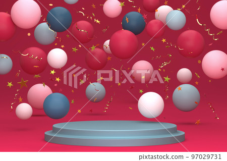 Simple product podium with holidays confetti and balloons Simple product podium with holidays confetti and balloons 97029731