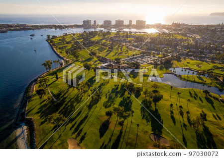 Aerial of Coronado Golf course during sunset 97030072