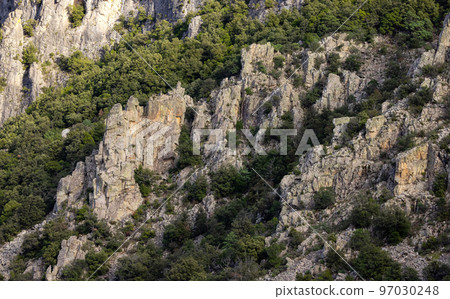 Mountain Landscape Background. Sunset Sky with Sunrays. Near Dorgali, Sardinia, Italy. 97030248