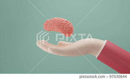 Side view of a palm and a human brain. Human hand holding brain, 3d render, 3d illustration 97030644