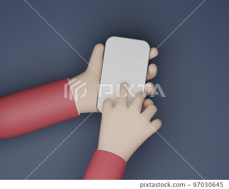 High angle of human hands typing on a smartphone. Index finger touching smartphone screen 3d render, 3d illustration High angle of human hands typing on a smartphone. Index finger touching smartphone screen 3d render, 3d illustration 97030645