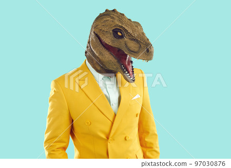 Half length portrait of eccentric man with dinosaur head mask 97030876