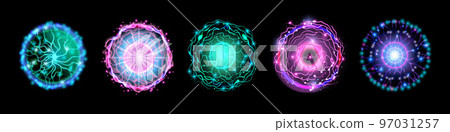 Energy ball vector set, thunder power effect game fire magic orb, crystal electric sphere kit.  97031257