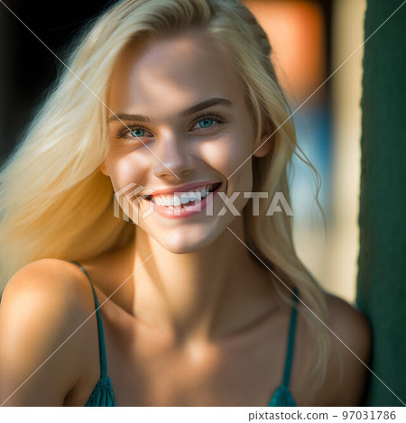 younf blonde woman smiling in summer day younf blonde woman smiling in summer day 97031786