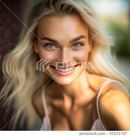 younf blonde woman smiling in summer day younf blonde woman smiling in summer day 97031787