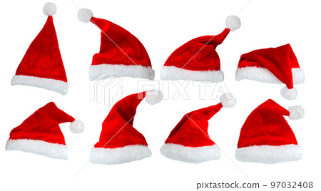 Collection of Santa Claus hat or Christmas red cap with isolated on white background. Concept holiday theme. Collection of Santa Claus hat or Christmas red cap with isolated on white background. Concept holiday theme. 97032408