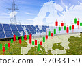 Double exposure of graph on electric towers and solar panels. Concept of raising electricity tariffs 97033159