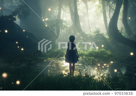森林春天幻想陽光透過樹葉過濾女孩插畫神秘仙女 97033638