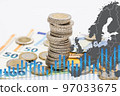 Pile of coins on euro banknotes and graph chart. High electricity and energy market prices concept 97033675